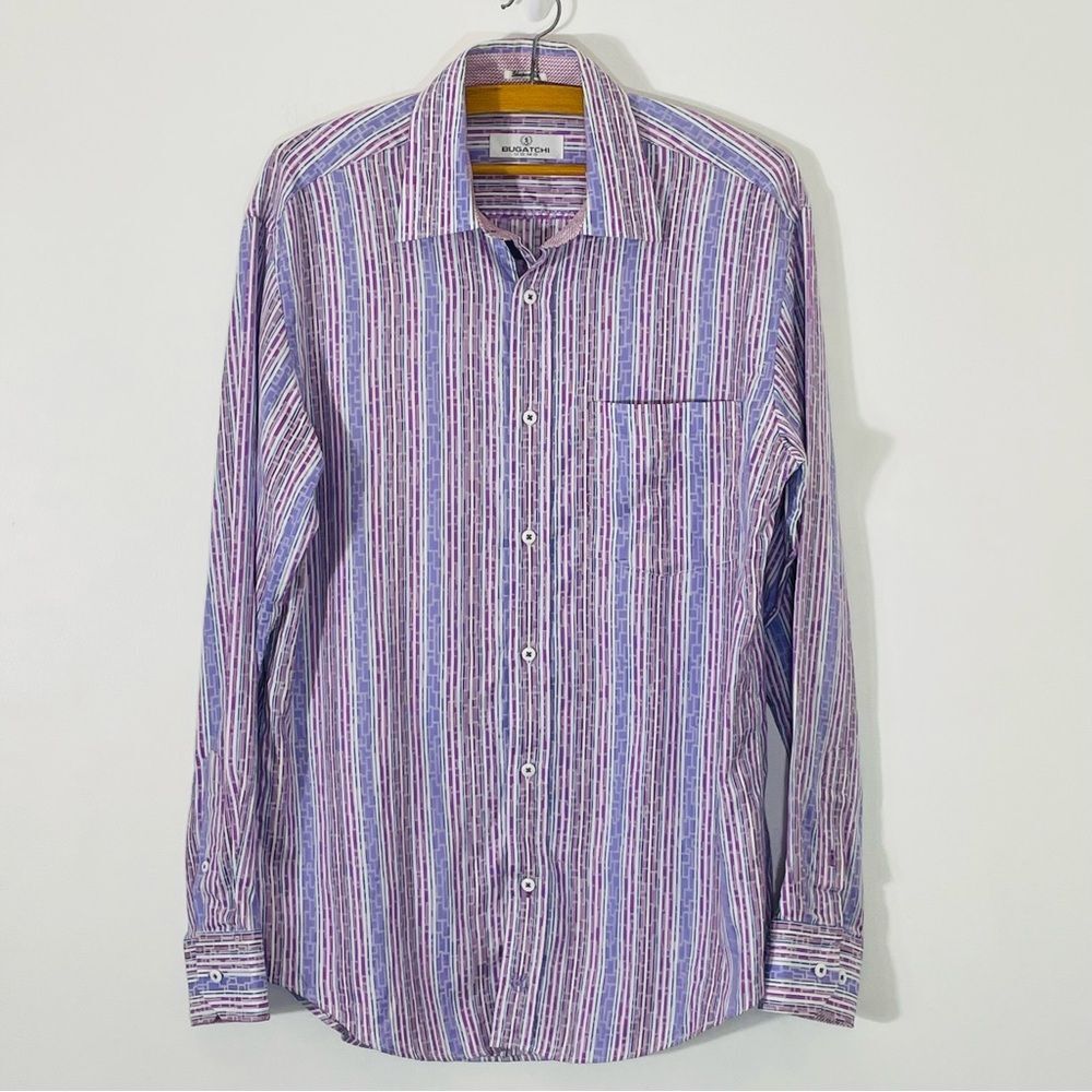Bugatchi Uomo Men’s Pink & Purple Shaped Fit 100% Cotton Dress Shirt Size M EUC